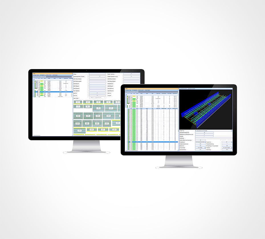 Progress Group Software für Produktionsplanung und 3D-Visualisierung von Betonfertigteilen auf zwei Monitoren