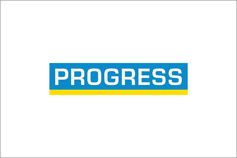 Offizielles Firmenlogo Progress Group mit weißer Schrift auf blauem Hintergrund